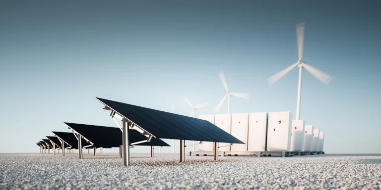 2V renewable energy batteries storing solar power for industrial and residential use.