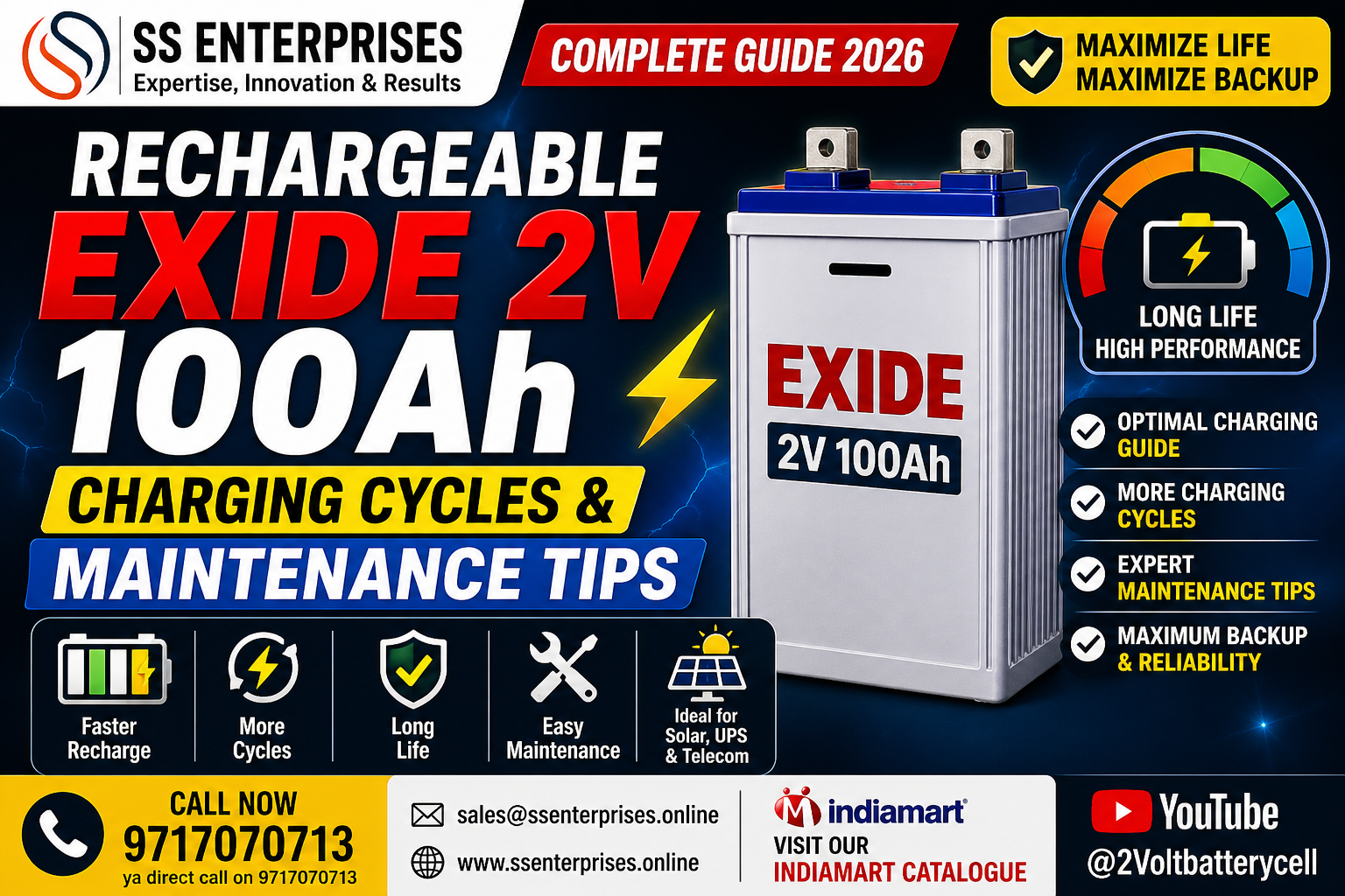 Rechargeable Exide 2V 100Ah Battery charging and maintenance guide for solar UPS telecom systems